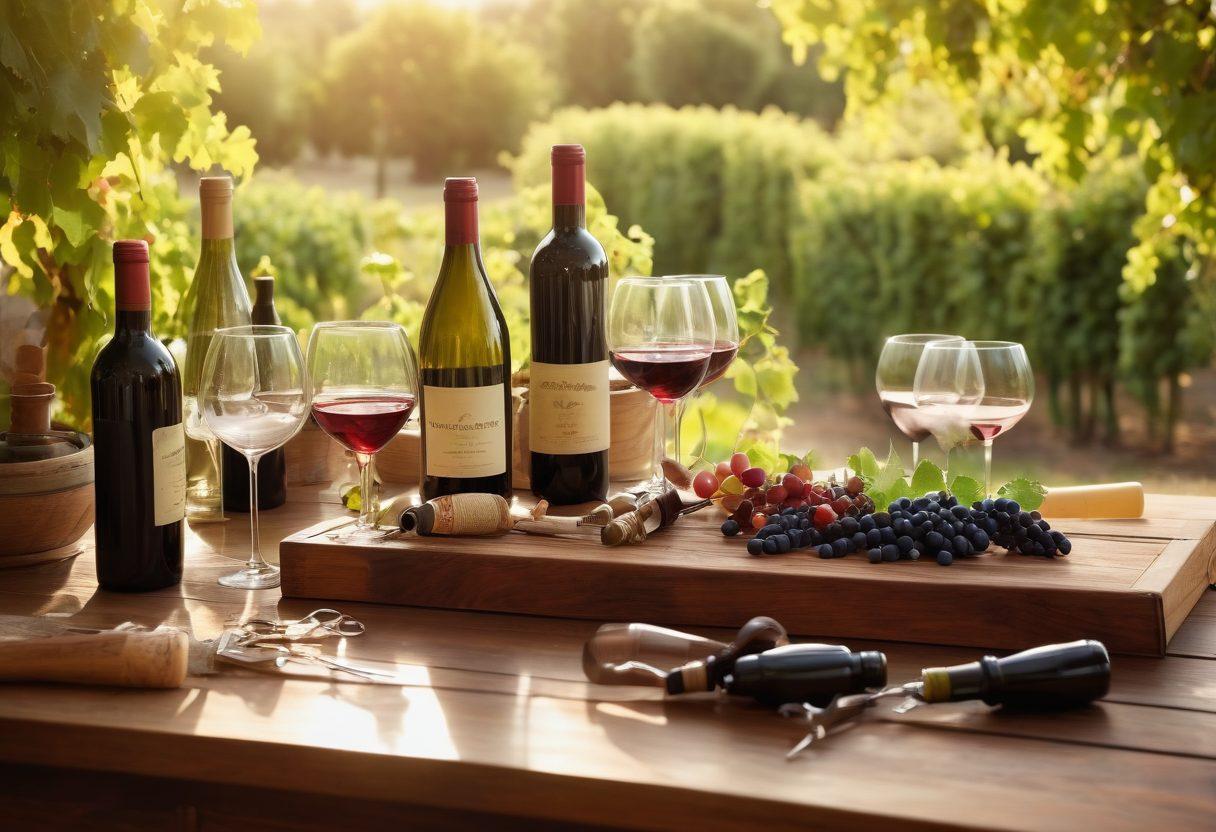A beautifully arranged wooden table featuring essential wine collecting tools: a corkscrew, wine aerator, decanter, and various wine glasses, all surrounded by lush grapevines and wine bottles. Soft sunlight filters through leaves, reflecting off the polished surfaces, creating a warm ambiance. A blurred vineyard landscape in the background adds depth to the scene. vintage style. warm colors. natural light.